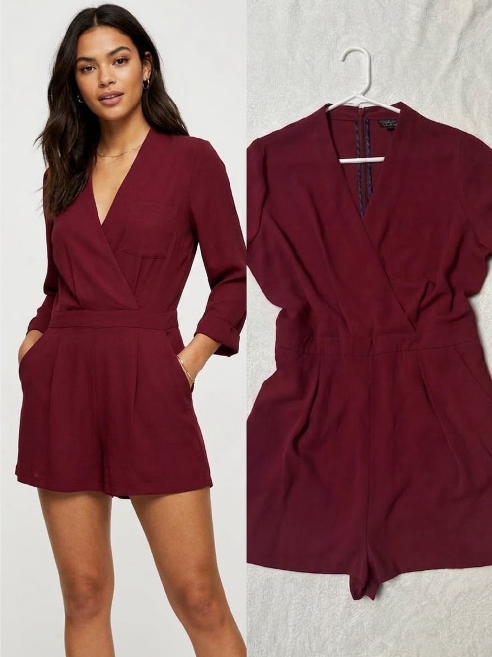 Women's Topshop Burgundy Long Sleeve Wrap Romper / Jumpsuit